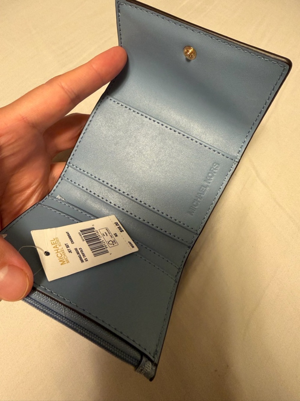 Michael Kors Light Blue MK Logo Compact Card Holder with Gold Logo - Picture 2 of 5